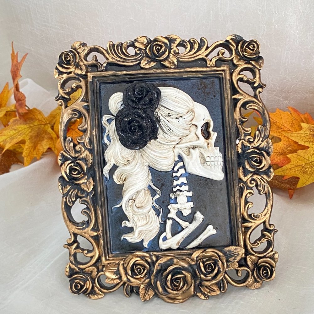 Halloween Gothic Victorian Lady Skeletons Portrait Gold Framed Spooky Glam New